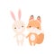 Lovely White Little Bunny and Fox Cub, Cute Best Friends, Adorable Rabbit and Pup Cartoon Characters Vector Illustration