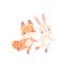 Lovely White Little Bunny and Fox Cub Holding Hands and Rollerblading, Cute Best Friends, Adorable Rabbit and Pup