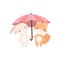 Lovely White Little Bunny and Fox Cub Standing under Umbrella, Cute Best Friends, Adorable Rabbit and Pup Cartoon