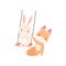 Lovely White Little Bunny Swinging on Rope Swing, Adorable Rabbit and Fox Cub are Best Friends Vector Illustration