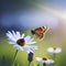 lovely wildflowers nature macro close-up of chamomile, purple wild peas, and butterfly in morning haze AI generated