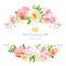 Lovely wishes floral vector design frame. Wild rose, peony, orchid, hydrangea, pink and yellow flowers.