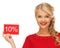 Lovely woman in red dress with discount card