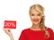 Lovely woman in red dress with discount card