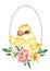 Lovely yellow chicken in a frame with daffodil flowers. Cute postcard happy easter.