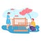 Lovely young family together collect baby cot, pregnant woman help to husband cartoon vector illustration, isolated on