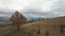 Lovely young newlyweds bride groom running on mountain slope, wedding couple family, aerial view