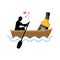 Lover alcohol drink. Man and bottle of whiskey boat ride. Lovers