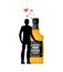 Lover alcohol drink. Man and bottle of whiskey embrace. Lovers c