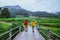 Lover asian man asian women travel nature. Walking a photo the rice field and stop take a break relax on the bridge at  ban mae