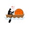 Lover basketball. Guy and ball ride in boat. Lovers of sailing.