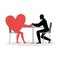 Lover in cafe. Man and heart sits at table. Love in restaurant.