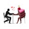 Lover of cakes. Man and piece of cake in cafe. Lovers sitting at