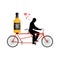 Lover drink alcohol. Bottle of whiskey on bike. Man rolls brandy