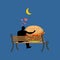 Lover fast food. Man and hamburger sitting on bench. Guy and Bur