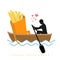 Lover french fries. Man and fastfood and ride in boat. Lovers of