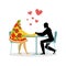 Lover pizza in cafe. Man and a slice of pizza sitting at table.