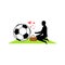 Lover Soccer. Guy and football ball on picnic. Meal in nature. b