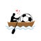 Lover Soccer. Guy and football ball ride in boat. Lovers of sail