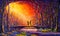 Lovers on bridge in woods at night. Romantic rays on lovers. Love. Romance. Secret love - colorful painting art.