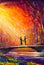 Lovers on bridge in woods at night. Romantic rays on lovers. Love. Romance. Secret love - colorful painting art.