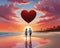 Lovers couple walking on the beach at sunset with heart figure.