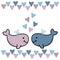 Lovers cute whales, pink and blue hearts. Graphics for Valentine`s day cards