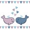 Lovers cute whales, pink and blue hearts. Graphics for Valentine`s day cards. Cartoon vector illustration.