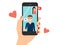 Lovers have online dating, video chat on smartphone. Vector illustration.