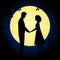 Lovers hold each other`s hands at night against the background of the moon. Love theme. Vector illustration.