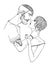 Lovers kiss, girl and guy with stylish hairstyles. Couple in love. Black and white hand drawn illustration. Fashion