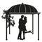 Lovers before kiss, stand embracing, girl bent her leg back. Couple near gazebo with dome, on left vines. Black silhouette.