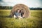 Lovers resting in a field near haystacks