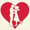 Lovers silhouette on heart background postcard