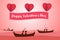 Lovers sit on a boat in the middle of the sea and have a Heart Balloon , paper art couple honeymoon , valentine day date , vector