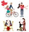 Lovers vector character set. Pairs of valentines couples in bicycle, dating