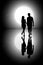 Lovers walk at night. Loving couple silhouette. Full moon and stars