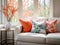 Loveseat with coral cushions against French window. Interior design of modern living room