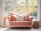 Loveseat with coral cushions against French window. Interior design of modern living room