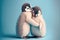 Lovey-dovey penguins in love. Cute lovers on blue background . Generative AI