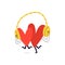 Loving cartoon hearts in the same headphones for two. Characters in the form of hearts are listening to music with large yellow