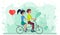 Loving characters in tandem on abstract floral background. People on date ride bike for two