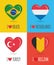 Loving and colorful posters of Brazil, Netherlands, Turkey and Belgium with heart shaped national flag and text