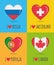 Loving and colorful posters of Russia, Switzerland, Portugal and Canada with heart shaped national flag and text