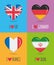 Loving and colorful posters of UK, Germany, France and Iran with heart shaped national flag and text