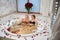 Loving couple basks in a bath with rose petals