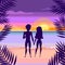 Loving couple on the beach. Sunset. Cartoon style