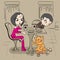 Loving couple in cafe at table and funny cat