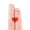 Loving couple concept with red heart, painted at fingers