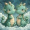 A loving couple of cute cartoon green dragons